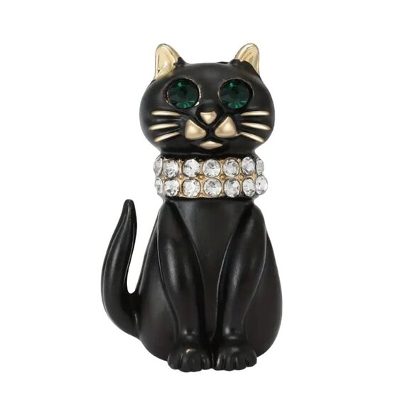 Black Cat Enamel Brooch Pin With Rhinestone Collar & Green Eyes - Picture 1 of 3